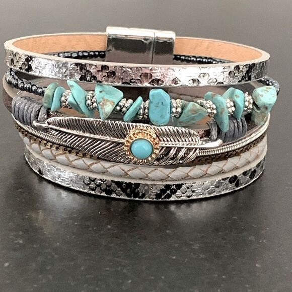 Coastal Meets Western Layered Cuff Bracelet – Silver & Turquoise Color Accents - Picture 1 of 10